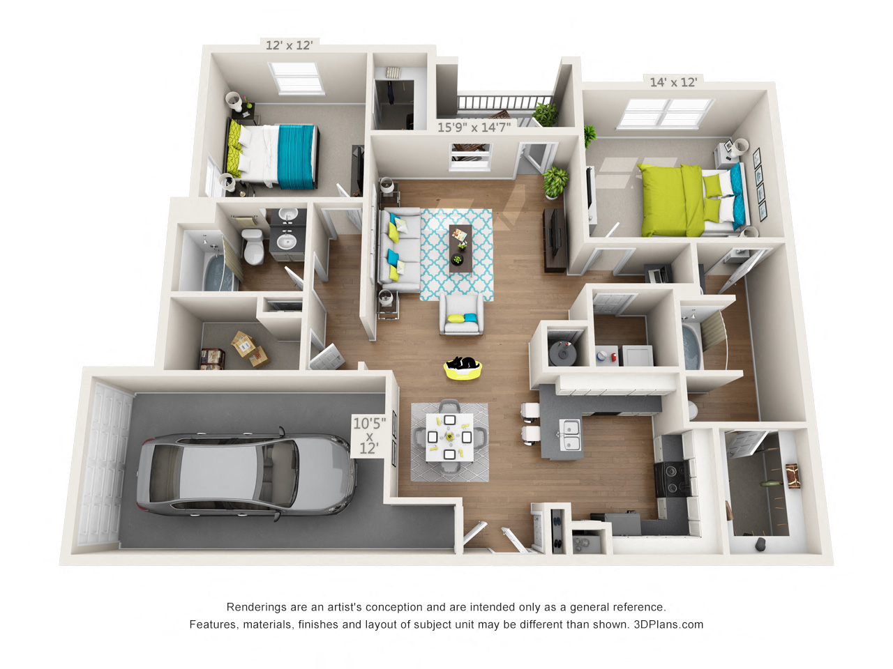Floor plan for 2 beds, 2 baths, 1378 sqft